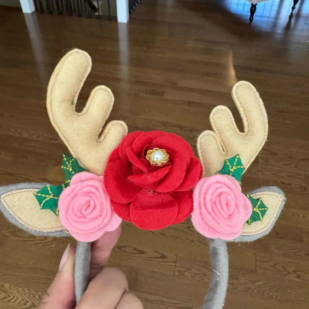 Reindeer Antler Headband with Red and Pink Flowers